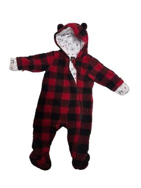 B1🫐3for15$🫐Cozy Red and Black Buffalo Plaid Fleece Footed One-Piece for Kids